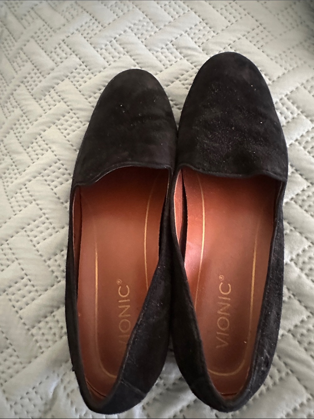Vionic Black Suede Slip-Ons with Brown Insole